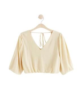 Lindex Vneck Crop Top Puff Sleeve light Yellow Womens Medium cottage festival